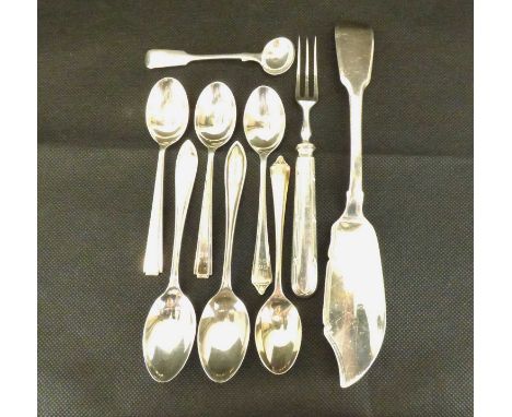 Various hallmarked silver cutlery to include two pairs of coffee spoons, a pair of teaspoons, a mustard spoon, a fish knife w