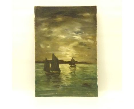 A. R. CLAY (British, 20th century); oil on canvas, moonlit sailboats returning home, signed lower right.49 x 34cm