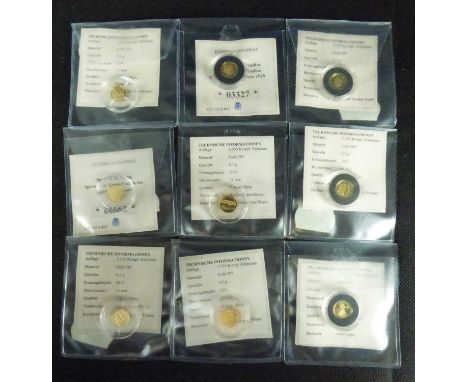 WINDSOR MINT; nine small 14ct gold encapsulated commemorative and replica coins, each .5g, comprising 'Mirage 2000', 'Lancast
