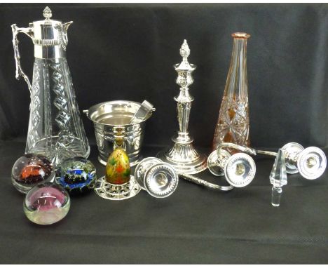 Various mixed collectibles to include three boxed Caithness glass paperweights, a plated and cut-glass claret jug with branch