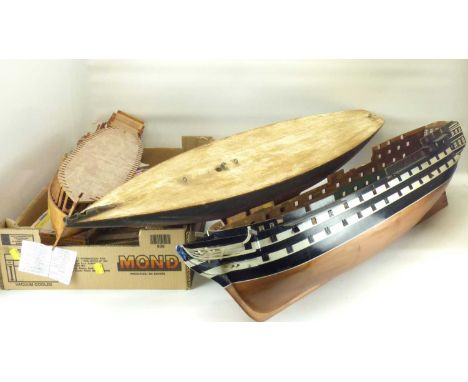 Three unfinished model boat projects comprising a large pond yacht, length 98cm, and two 17th century style galleon boats, le