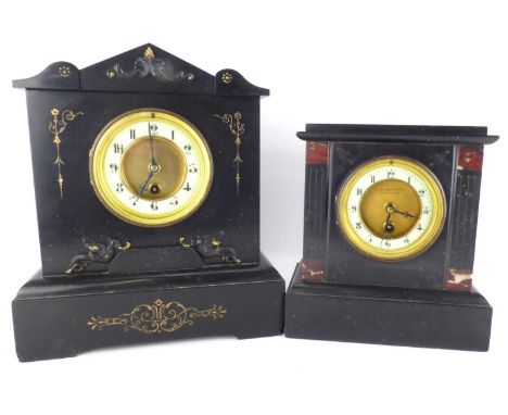 Two 19th century black slate mantel clocks of architectural design, both dials with white enamelled chapter rings set with Ar