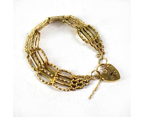 A 9ct yellow gold five bar gate bracelet with heart padlock clasp, approx 12.8g.