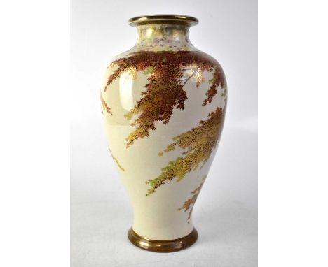 An early 20th century Satsuma baluster vase with hand-painted scene of maple tree and birds, gilt heightened throughout, blac