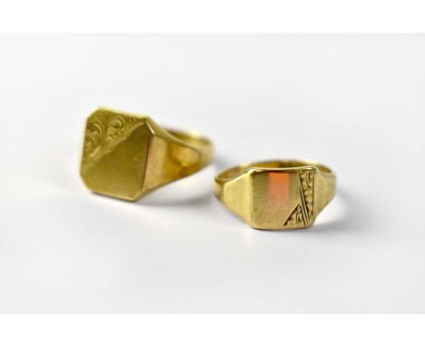 Two 9ct gold signet rings, the largest table with diagonal split line with floral chased decoration, size U, the smaller exam