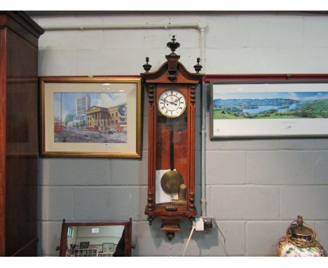 A Circa 1900 walnut Vienna wall clock, drop dial, Roman numerated dial, finial detail