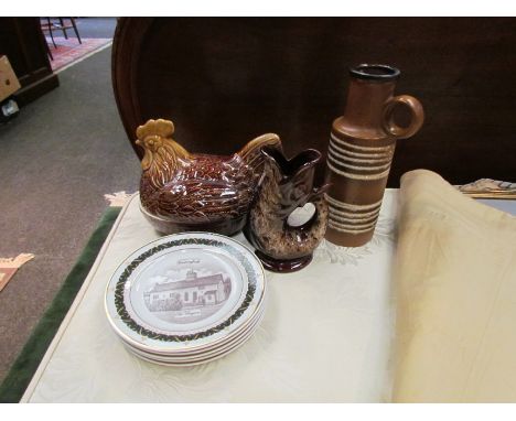 A West German brown glazed jug, a glug jug, ceramic egg crock and a set of Canterbury Collection plates depicting Rickinghall