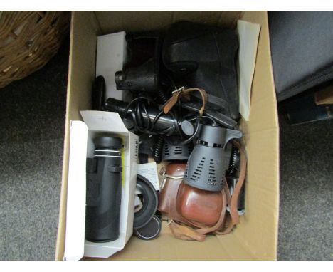 A box containing mostly photographica items including light box, cased Pentax camera, monocular telescope etc