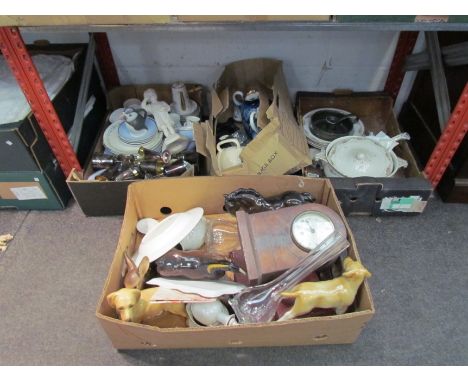 Four boxes of mixed items including Royal Albert commemorative plates, mantel clock and plated goblets etc.