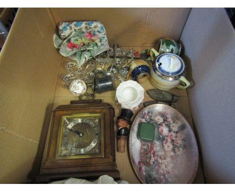 Mixed items including an Elliot clock, collectors spoons, miniature Doulton jug etc