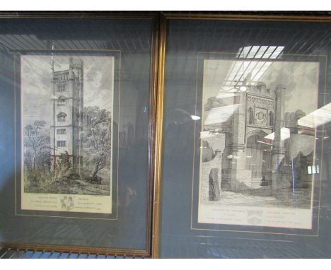 Two prints of etchings of Wolsey's Gate and Freston Tower, both Ipswich, framed and glazed, largest 32.5cm x 22cm
