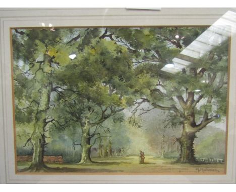 M. MAINMAN (XX): A watercolour of light shining onto couple in woodland, 16cm x 24cm, framed and glazed