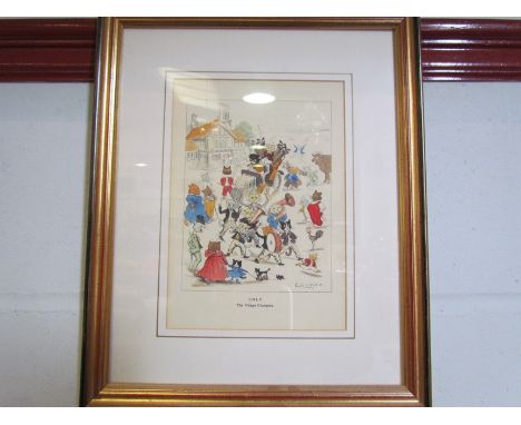 A hand coloured Louis Wain print; 'Golf - The Village Champion'. Framed and glazed. 21.5cm x 15cm