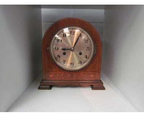 An early 20th Century mahogany cased mantel clock, marquetry inlay, Arabic dial, glass detached, 25cm tall