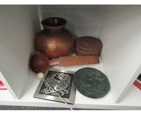 A selection of mostly South American items including Peruvian wooden ladle and a pot etc. (6)