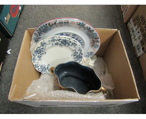 Two boxes of ceramic tableware including tureens and platters 