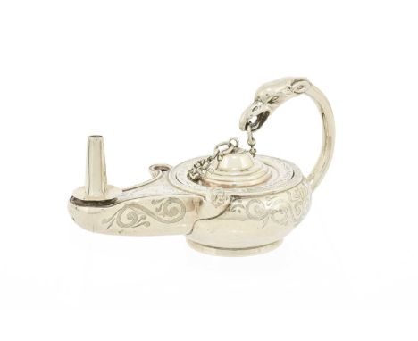 A Victorian Silver Table-Lighter, by James Charles Edington, London, 1853, in the form of a lamp, the handle with bird mask t