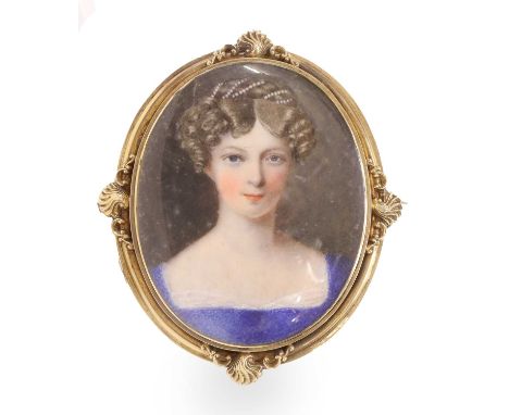 English School (early 19th century): Miniature Portrait of a Lady, bust length, her hair up with pearls, wearing a lace-trimm