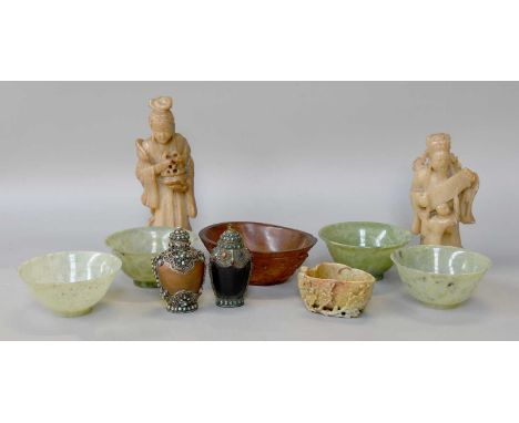 Four Chinese Carved Jade Bowls, a carved horn libation cup, a soapstone example, two similar carved figures and two Tibetan s