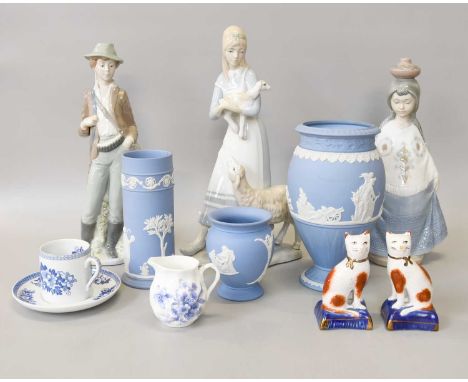 A Group of Nao and Other Spanish Porcelain Figures, a small quantity of Wedgwood blue Jasper, modern Spode blue and white etc