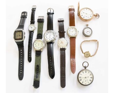 A selection of watches, comprising of, A Lady’s 9 Carat Gold Wristwatch, signed Omega, with Omega box, a full hunter plated p