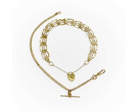 A 9 Carat Gold Gate Link Bracelet, length 18.6cm; and A Curb Link Chain, suspending a T-bar, stamped '375', length 21.5cmGros
