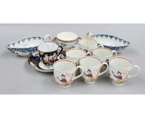 Five Worcester Porcelain Coffee Cups, circa 1770, painted in polychrome enamels with Chinese figures, together with similar p