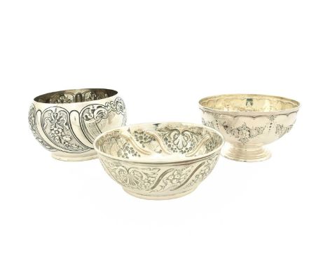 Three Victorian Silver Bowls, One Sheffield, 1886 and Two London, 1894, each tapering circular and variously decorated, 10oz 