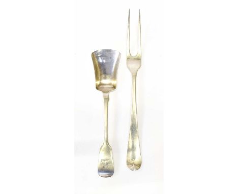 A George III Irish Silver Fork, by Samuel Neville, Dublin, 1799, Hanoverian pattern, with two tines, 20cm long; Together With
