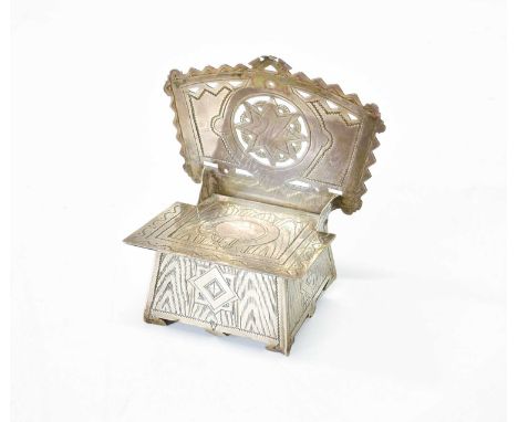 A Russian Miniature Silver Throne-Salt, Moscow, 1888, in the pan-Slavic style, engraved to simulate wood and with a hinged se