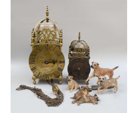 Two Brass 17th Century Style Lantern Timepieces, Border Fine Arts terriers, a collection of hunting prints after Cecil Aldin,