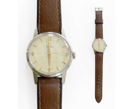 A stainless centre seconds honeycomb finished dial wristwatch, signed Omega, circa 1955, manual wound lever movement, honeyco