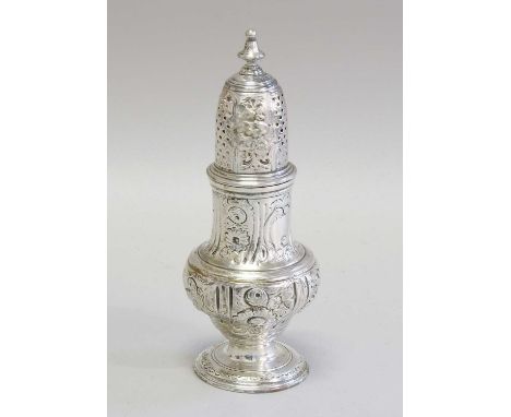A George II Silver Pepperette, by Samuel Wood, London, 1744, baluster and on spreading foot, chased, probably later, with fol