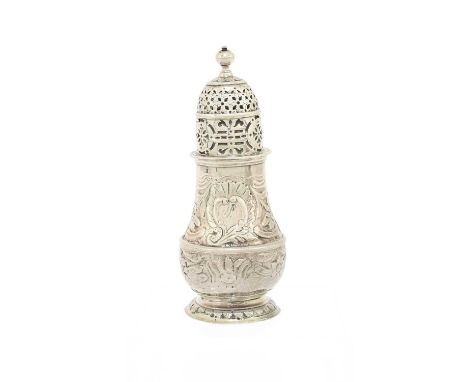 A George I Silver Caster, by Charles Adam, London, 1716, baluster and on spreading foot, later cased with rococo decoration, 
