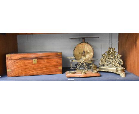 A 19th Century Brass Bound Mahogany Writing Slope, together with a cast brass desk standish of similar date and two sets of p