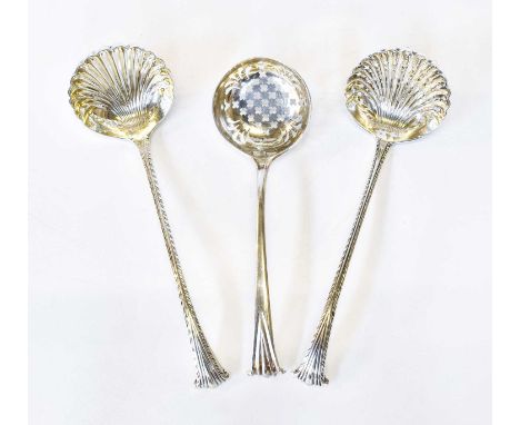 A George III Silver Sifting-Spoon and a Pair of Victorian Silver Sifting-Spoons, Onslow pattern, the Victorian pair with feat