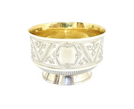 A Victorian Silver Bowl, by Richard Martin and Ebenezer Hall, London, 1878, tapering and on spreading foot, engraved with pan
