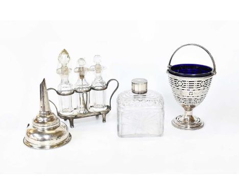 A Collection of Assorted George III Silver, including a George III style silver sugar-basket, with blue glass liner, apparent