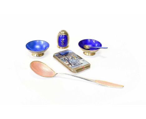 A Collection of Assorted Silver and Enamel Items, including silver similar silver-gilt bowls with blue enamel interiors; a pe