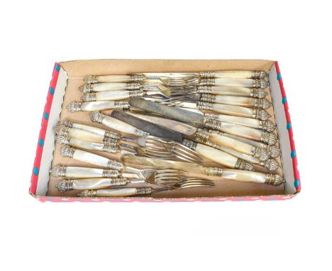 A Set of Twelve Victorian Silver and Mother-of-Pearl Fruit-Eaters, by William Briggs, Sheffield, 1837, each with tapering mot
