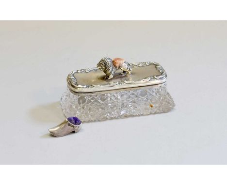 An Edward VII Silver-Mounted Glass Pin-Jar and Pin Cushion, by Boots Pure Drug Company, Birmingham, 1909, the pin-jar oblong,