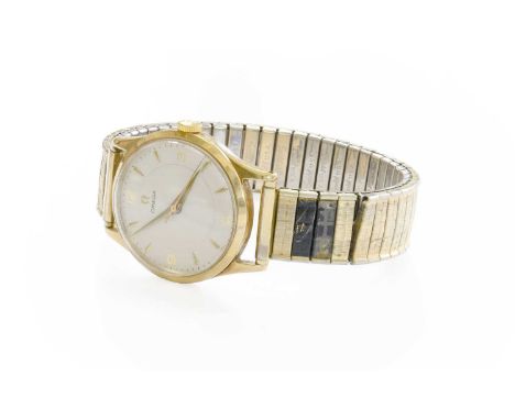 A 9 Carat Gold Centre Seconds Wristwatch, signed Omega, 1952, manual wound lever movement, silvered dial with Arabic and dagg