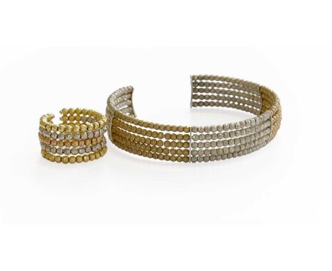 A Tri-Colour Cuff Ring, formed of five rows of rose, white and yellow beads, finger size N; and A Bi-Colour Bangle, of simila