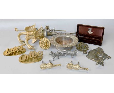 A Collection of Metawares, including, a pair of gilt swan form taps, a pair of ''At Once'' and ''Later'' paperclips, a wine c