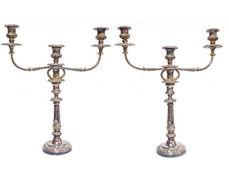 A Pair of Silver Plated Three Light Candleabra, 56cm high