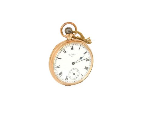 A 9 Carat Gold Waltham Open Faced Pocket WatchDust cover is 9k goldOuter case diameter - 48mm wideGross weight - 89.6 grams