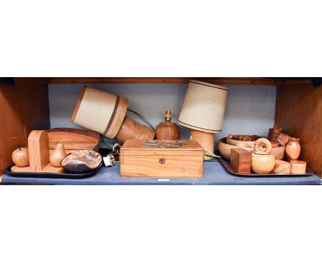 A Group of Early 20th Century and Later Treen, including an olive wood box, dated 1913, a pair of oak bookends in the form of