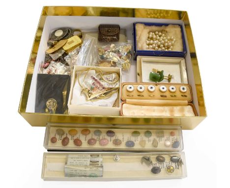 A Quantity of Jewellery, including a simulated pearl necklace, with a rectangular clasp stamped ‘CIRO’ and ‘9CT’; six gilt mo