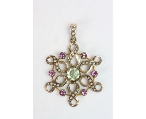 Edwardian peridot, amethyst and seed pearl 9ct yellow gold Suffragette pendant, the central round mixed cut peridot diameter 