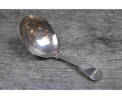 George III silver fiddle pattern caddy spoon with prick dot Greek Key decoration to stem, bright cut foliate decoration to te